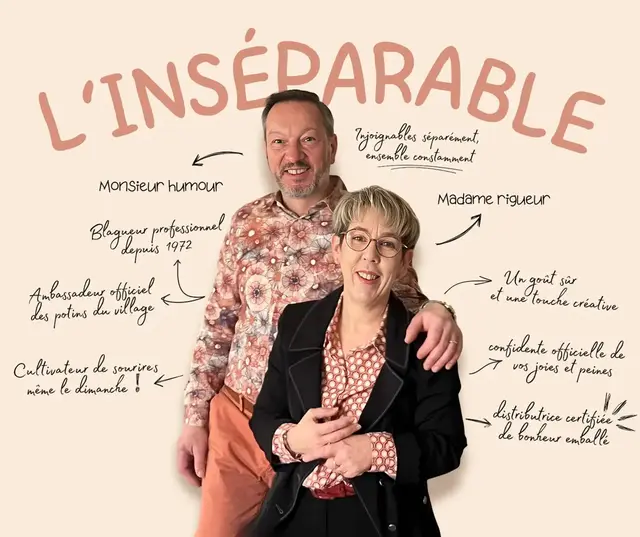 Céline et Bertrand devant le nom L'inséparable, entourés de mots écrits à la main