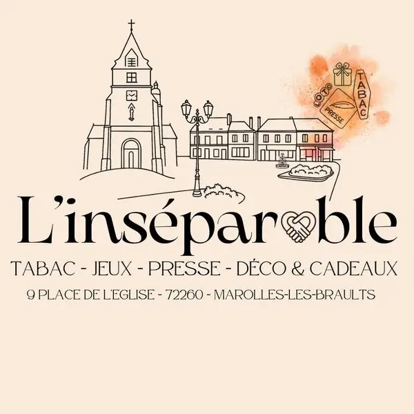 Le logo de L'inséparable : l'église et la place dessinées au trait